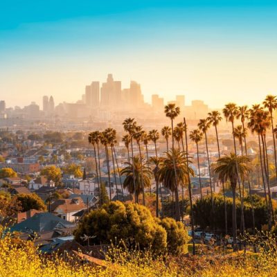 the skyline of los angeles during sunset