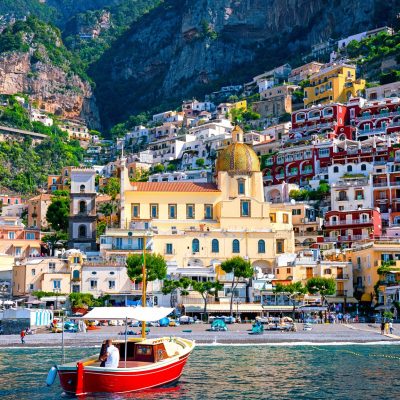 View towards Positano with Church of Santa Maria Assunta, Sorrent Peninsula, Province of Salerno, Campania, Italy