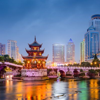 Guiyang, China skyline at Jiaxiu Pavilion on the Nanming River.